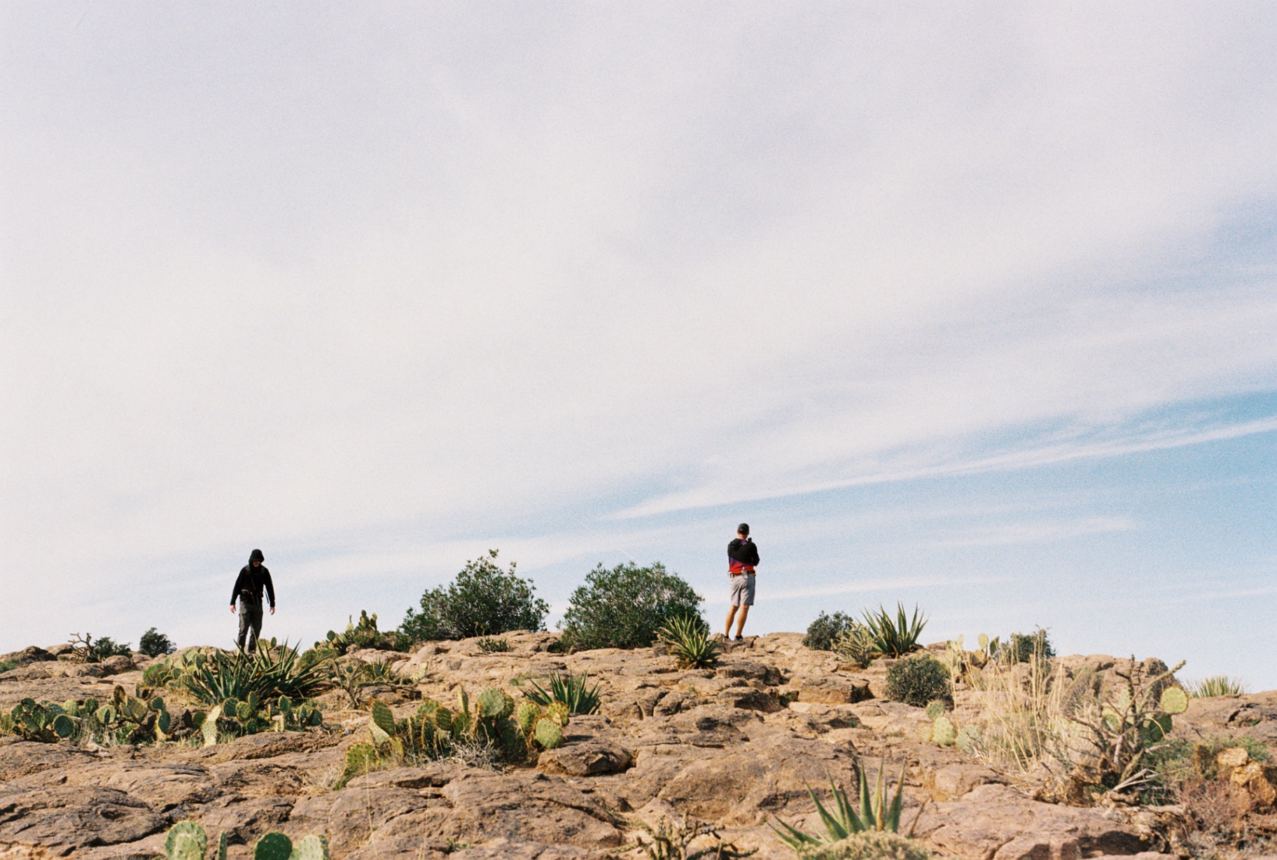 Levi and a training partner on a rocky desert peak
